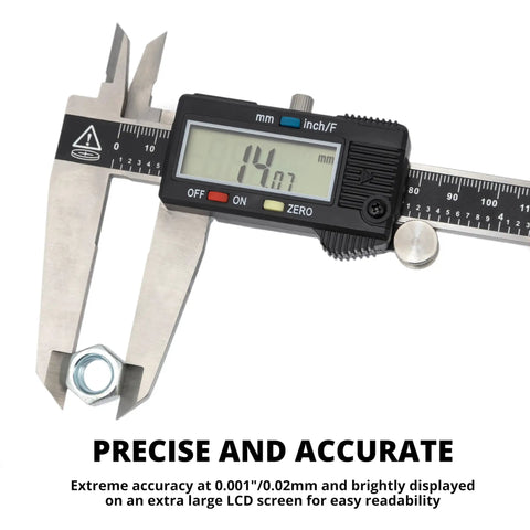 12 Inch Electronic Digital Caliper With Extra Large Display measuring a bolt size on an LCD screen, precision at 0.001 inch.