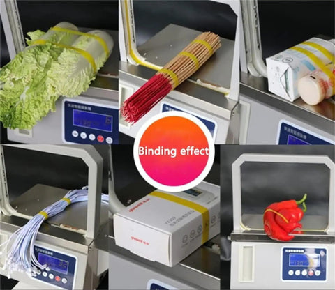 This Smart Automatic Opp Tape Strapping Machine Is A Real Game Changer For Supermarkets Using Heat Seal Technology For Hassle Free Veggies Bundling With No Messy Glue Needed, displaying various vegetables packaged.