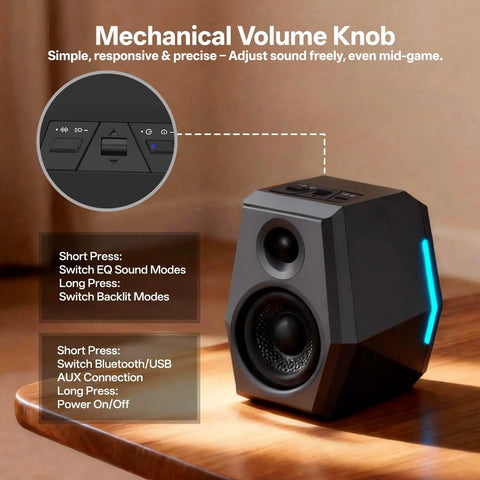 Immersive Gaming Speakers With DSP And 36W Power 24bit USB DAC Bluetooth 5.2 2.0 RGB Desktop PC Speakers showcasing mechanical volume knob.