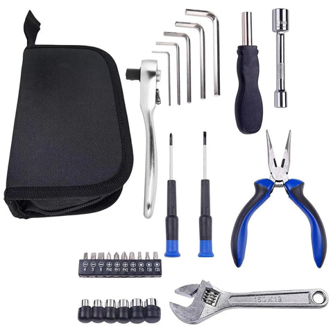 Compact 29 Piece Motorcycle Tool Kit For Underseat Storage On The Go Roadside Repair Essentials spread out with tools visible