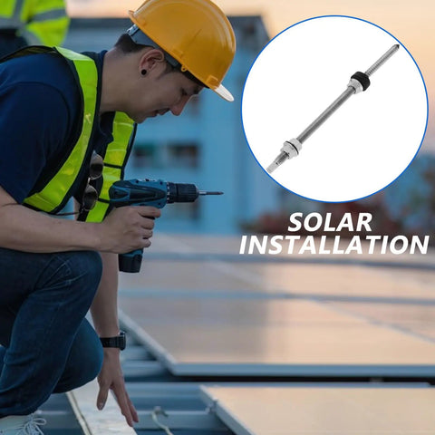 Man installing Tough As Nails Stainless Steel Solar Hanger Bolts With Dual Thread Adjustable Height For Zero Sag PV Mounting.