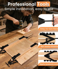 Heavy Duty Four Way Pressure Panel Clamps Deliver Boss Level Grip For No Sweat Setup On Any Woodworking Project Keeping Tabletop Seam Gluing Hella Secure Always 2 Pack in use with wood pieces on a workshop table.