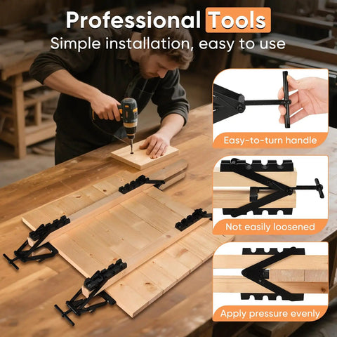 Heavy Duty Four Way Pressure Panel Clamps Deliver Boss Level Grip For No Sweat Setup On Any Woodworking Project Keeping Tabletop Seam Gluing Hella Secure Always 2 Pack in use with wood pieces on a workshop table.