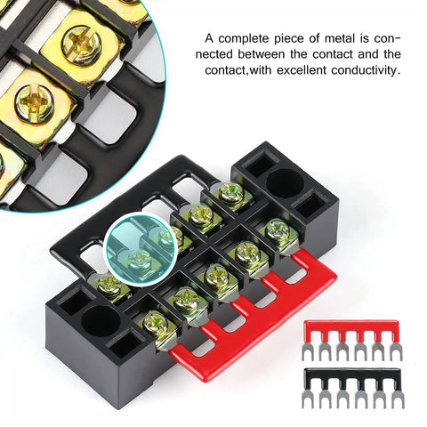 Dual Row Screw Terminal Blocks Set With Covers For Easy Wiring, 8 Sets Of 3 To 6 Positions, 600V 15A Rating, Black, Red Jumpers
