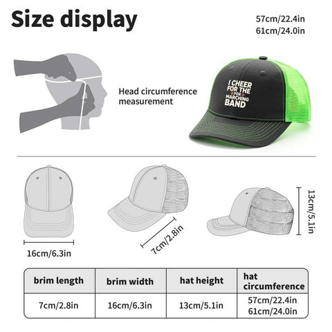 Dope Marching Band Trucker Cap For Men With Fluorescent Green Front Artwork size display and measurements
