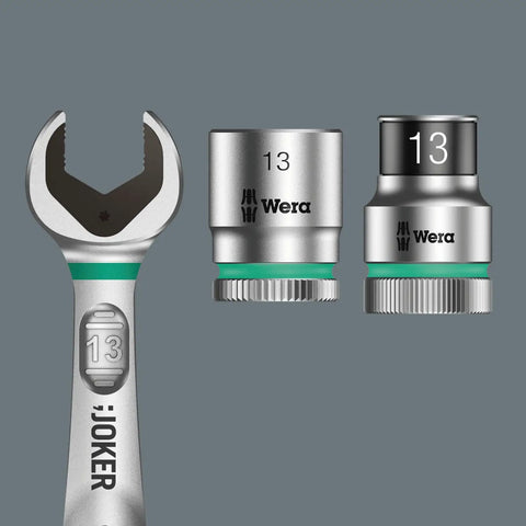 Open-ended wrench and two sockets showing size markings and brushed finish