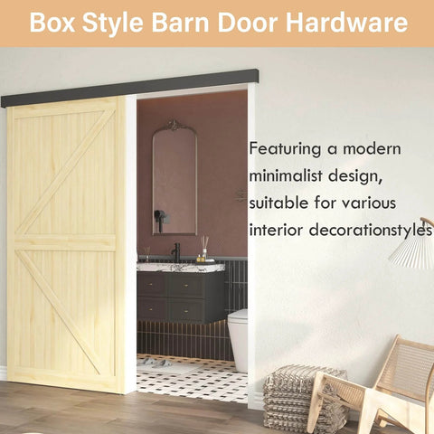 8 Foot Sliding Barn Door Hardware Kit With Low Clearance Aluminum Box Rail For Wooden Interior Barn Doors Quiet Slick Sliding Track Easy To Install Black installed in modern bathroom