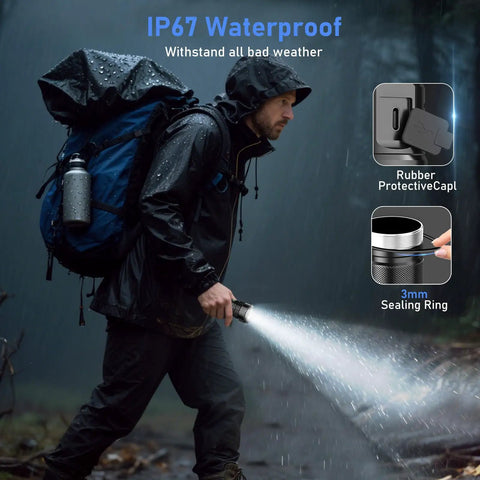 Person hiking in rain holding Rechargeable LED Flashlight 20,000 Lumens XHP70.2 Beam, showing waterproof features.