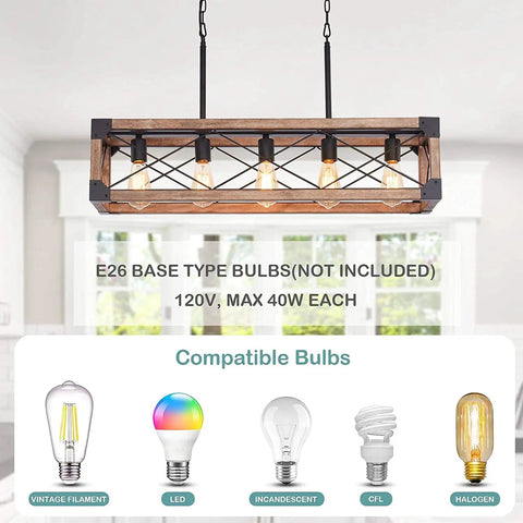 Farmhouse Linear Pendant Light For Kitchen Island And Dining Room, 5 Light Rustic Wood Grain Industrial Chandelier, 33.5 Inch