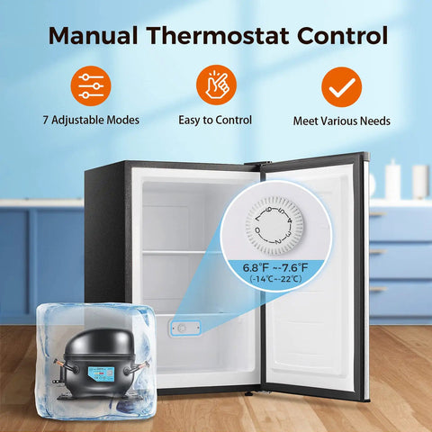 Manual thermostat control of Top Tier Upright Mini Freezer With 3.0 Cubic Foot Storage And Brushed Stainless Steel Build.
