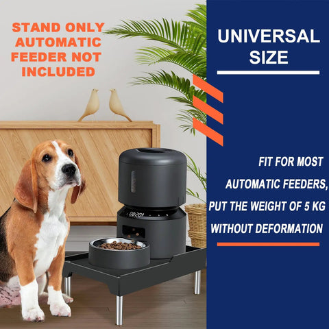 Hella Sturdy Raised Dog Feeder Stand And Elevated Cat Food Holder displaying elevated food bowl with dog beside it, fit for automatic feeders.