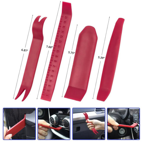 Stainless Steel Repair Tools Kit For Quick Fixes, Ergonomic Bend Design, four red plastic trim removal tools with measurements