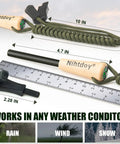 Ferro Rod Fire Starter Kit With Carbon Steel Striker And Compass Integrated Hardwood Handle shown with measurements on a ruler