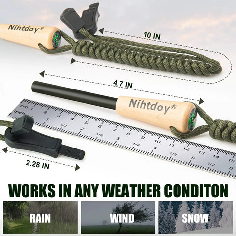 Ferro Rod Fire Starter Kit With Carbon Steel Striker And Compass Integrated Hardwood Handle shown with measurements on a ruler