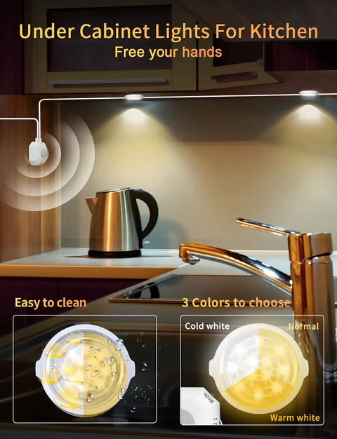 Kitchen counter with motion sensor under cabinet lights for kitchen and closet auto on off LED under cabinet lighting with 3 color temperatures.