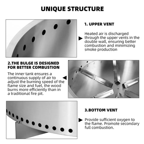 Diagram of smokeless fire pit for outdoors, showing upper and bottom vents for improved combustion, stainless steel structure.