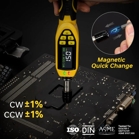 Pro Grade Digital Torque Screwdriver Kit With Three Point Five To Seventy Point Eight Inch Pound Range And One Percent Accuracy For Bike Repair Electronics And Scope Mounting With Buzzer And LED Alerts Plus S2 Bits being used on electronic circuit board