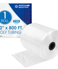 12 Inch Wide By 800 Feet Clear Polyethylene Tubing Roll 2.1 Mil Thick Heavy Duty Plastic Wrap for Shipping displayed on packaging.