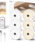 Rechargeable Puck Lights With Remote, Wireless LED Under Cabinet Lighting, 6 Pack showcasing design, remote, and USB cable