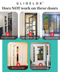 Image showing doors incompatible with Straight Up Secure Metal Child Safety Door Lock, including pocket, metal frame, sliding, bifold, and screen/storm doors.