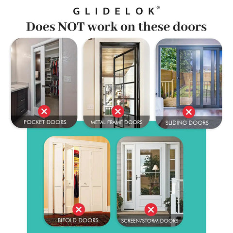 Image showing doors incompatible with Straight Up Secure Metal Child Safety Door Lock, including pocket, metal frame, sliding, bifold, and screen/storm doors.