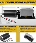 Slide Out Motor And Gearbox Direct Fit Replacement For Accu Slide Cable System With 12V High Torque Motor And R25075 R25076 Gear Box For Travel Trailer Camper OEM Standard shown with dimensions and features