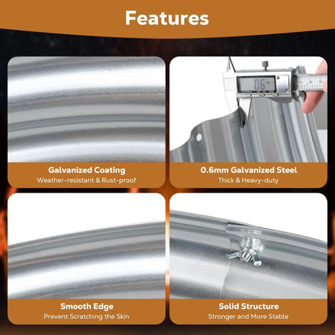 Close-up of 36 Inch Round Galvanized Fire Pit Ring For Backyards And Campsites, showing features like galvanized steel and smooth edges