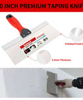 10 inch taping knife from Premium Stainless Steel Drywall Tool Kit With 9 In 1 Putty Knife Set used on wall for smooth finish