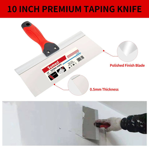 10 inch taping knife from Premium Stainless Steel Drywall Tool Kit With 9 In 1 Putty Knife Set used on wall for smooth finish