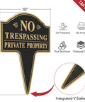 Hefty No Trespassing Signs 2 Pack Private Property Stakes Rock Solid Aluminum 14x10 inch with integrated V stake for easy installation.