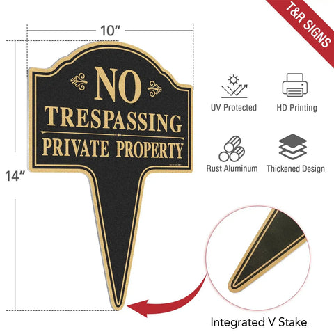 Hefty No Trespassing Signs 2 Pack Private Property Stakes Rock Solid Aluminum 14x10 inch with integrated V stake for easy installation.