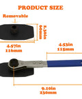 Garage Ready Brake Piston Caliper Press Tool Featuring Heavy Duty Ratchet Wrench showing product size dimensions and removable spreader adapter.