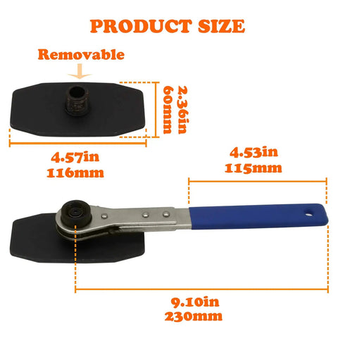 Garage Ready Brake Piston Caliper Press Tool Featuring Heavy Duty Ratchet Wrench showing product size dimensions and removable spreader adapter.