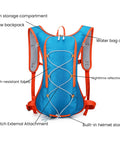 12L Hydration Backpack With 2L Water Bladder For Men And Women, blue with reflective straps and orange details, rear view