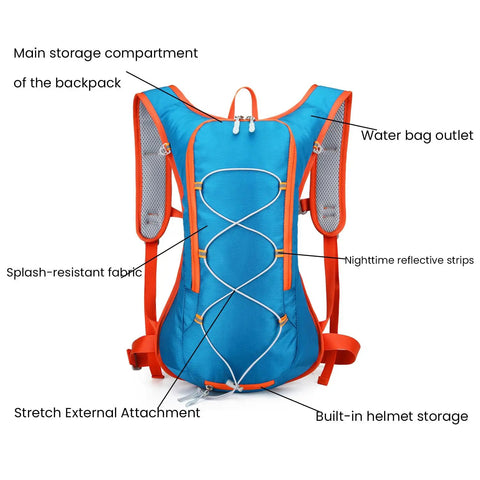 12L Hydration Backpack With 2L Water Bladder For Men And Women, blue with reflective straps and orange details, rear view