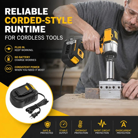 Heavy Duty AC To DC Power Converter For DeWalt 18V And 20V Cordless Tools 500W Transformer Adapter in use with cordless tool.