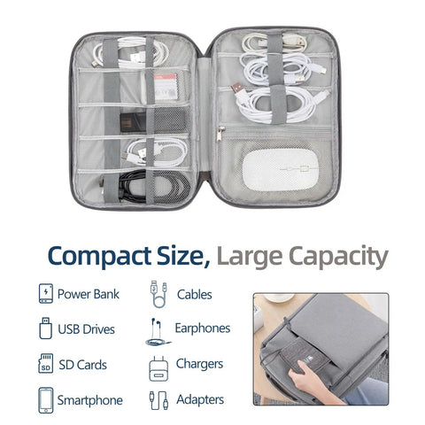 Open water resistant electronics organizer case for cables and chargers, showing compartments and cord management layout.