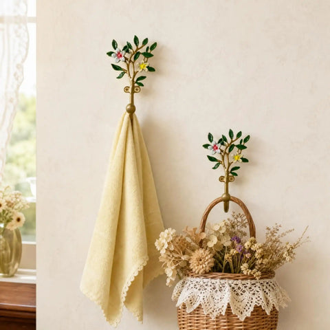 Vintage Flower Wall Hooks, Distressed Metal Coat Rack Set, Ace Farmhouse Entryway Organizer with a towel and a basket.