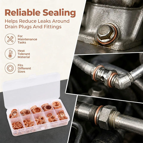 350 Pcs Copper Metric Sealing Crush Washers Set With 10 Sizes For Automotive Marine Motorcycle And DIYer Projects Durable Red Copper Gasket Seals For Oil Drain Plugs Banjo Bolts And General Sealing, copper washers in organizer case