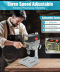 A Smooth Operator Benchtop Drill Press Designed to Handle Any Project Without Breaking a Sweat Delivers Up to 16000 RPM With Its 340 Watt Motor Featuring Three Adjustable Speeds and a Built Laser Sight for Spot On Accuracy, showcasing adjustable speed control on a compact workbench.