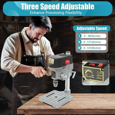 A Smooth Operator Benchtop Drill Press Designed to Handle Any Project Without Breaking a Sweat Delivers Up to 16000 RPM With Its 340 Watt Motor Featuring Three Adjustable Speeds and a Built Laser Sight for Spot On Accuracy, showcasing adjustable speed control on a compact workbench.