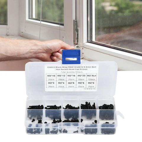 300 Piece Black Alloy Steel Hex Bolts And Nuts Kit For Auto Maintenance And Home DIY Garage Projects With High Strength Grade 12.9 Anti Rust Finish Includes Various Lengths For Quick Fixes And Everyday Builds, open storage box