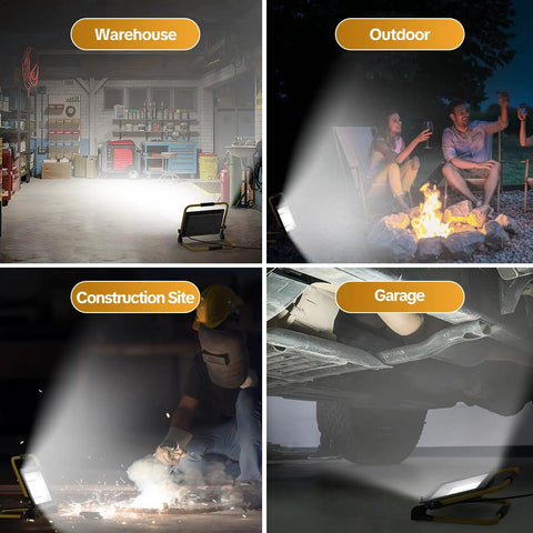 Powerful 3600 Lumen LED Work Light With 30W 6000K Flood Beam, IP66 Waterproof, shown in various settings like warehouse and outdoors.