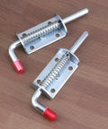 Spring Pin Latch Lock 2pcs for Utility Trailer Gate, Silver showing spring loaded latch mechanism with red tips.