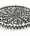 Game Changing 12.5 Inch Wooden Lazy Susan Turntable With A Smooth Swivel Base Sharp Black Leaf Design And Authentic Mother Of Pearl Inlay, top view