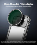 Phone Cage Rig for iPhone 17 Pro Max With Quick Release Stabilizer Kit, 67mm Filter Ring visible on aluminum frame, PA144 Black