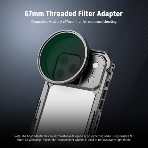 Phone Cage Rig for iPhone 17 Pro Max With Quick Release Stabilizer Kit, 67mm Filter Ring visible on aluminum frame, PA144 Black