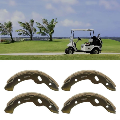 4-Pack Brake Shoes For EZGO Golf Cart 1997 Up Medalist Gas And 2008 Up Steel Replacement Parts displayed with golf cart in background