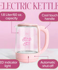 Pink Glass Electric Kettle 1.8 Liter With 1100 Watt Fast Boil Auto Shut Off Boil Dry Protection Led Indicator 360 Degree Base Cord Storage No Fuss Quick Brew Everyday Use For Tea Coffee Oatmeal And Noodles.