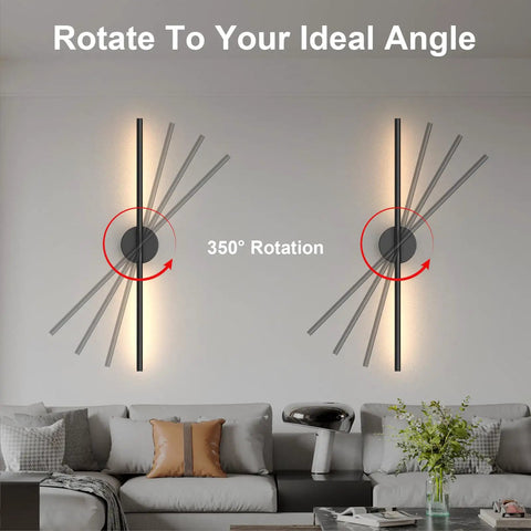 Set Of Two Rechargeable Battery Wall Sconces With Remote Dimming 3000K To 6000K Adjustable Led Light 360 Degree Rotate showing 350° rotation feature in modern living room decor.